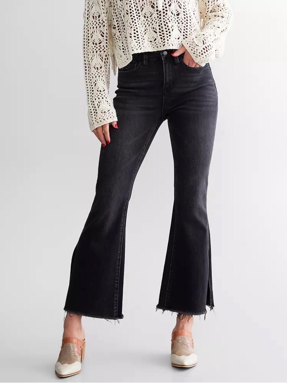 Buckle Flying Monkey 29 Black Whiskered Raw Hem High-Rise Cropped Flare Jeans